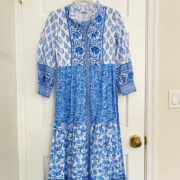 Pink City Prints Tuckernuck Blue Ocean Mix Gemma Block Print Midi Shirt Dress - Picture 9 of 16